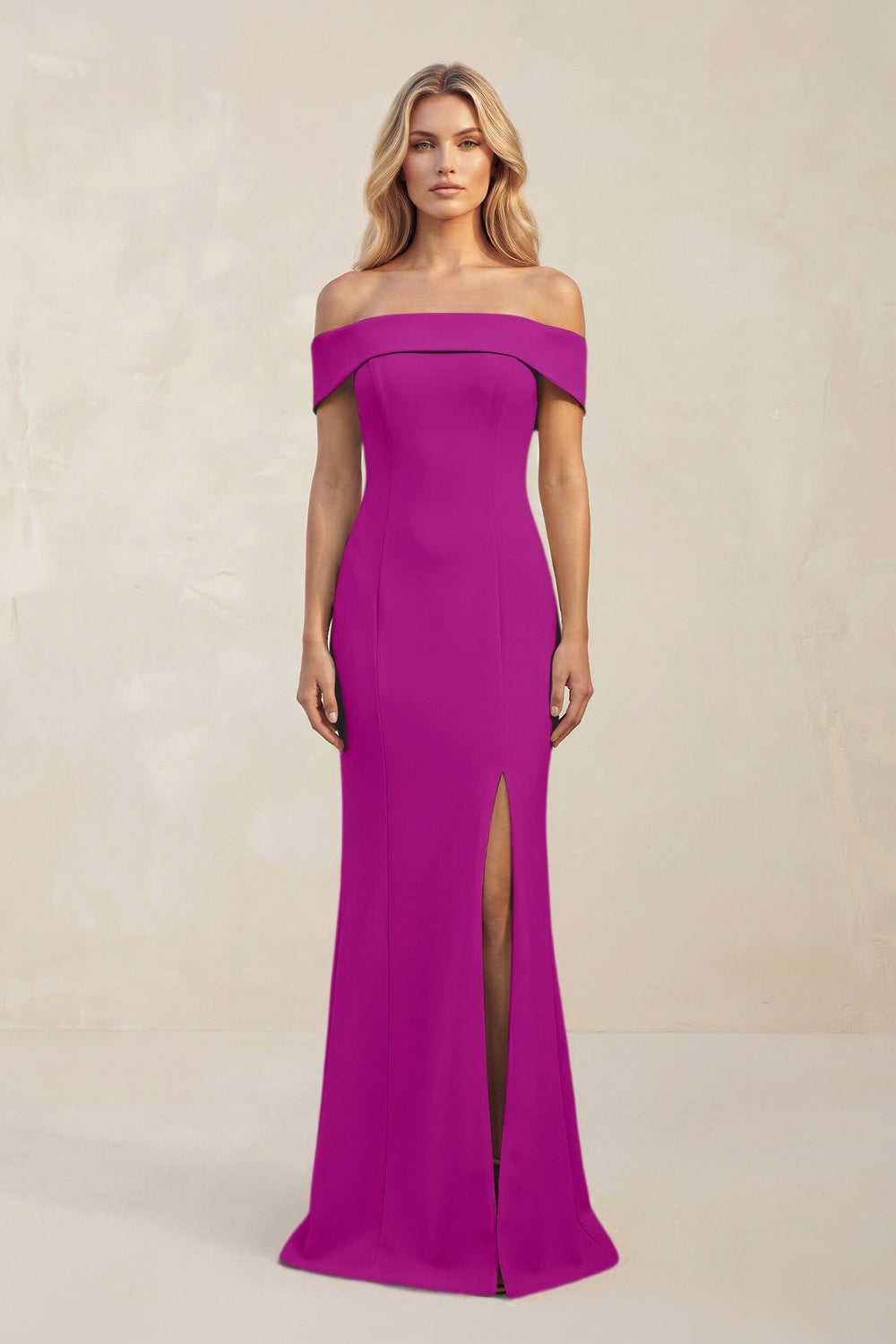 Sheath Off - the - Shoulder Satin Bridesmaid Dress With Slit in Amethyst - KissProm Bridesmaid Dresses