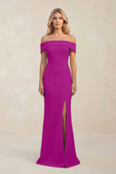 Sheath Off - the - Shoulder Satin Bridesmaid Dress With Slit in Amethyst - KissProm Bridesmaid Dresses