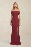 Sheath Off - the - Shoulder Satin Bridesmaid Dress With Slit in Berry - KissProm Bridesmaid Dresses