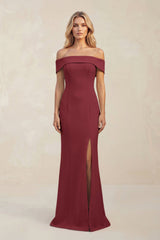 Sheath Off - the - Shoulder Satin Bridesmaid Dress With Slit in Berry - KissProm Bridesmaid Dresses