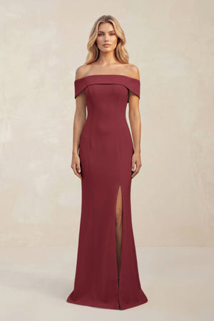 Sheath Off - the - Shoulder Satin Bridesmaid Dress With Slit in Berry - KissProm Bridesmaid Dresses