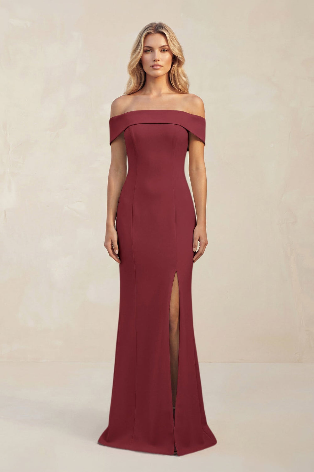 Sheath Off - the - Shoulder Satin Bridesmaid Dress With Slit in Berry - KissProm Bridesmaid Dresses
