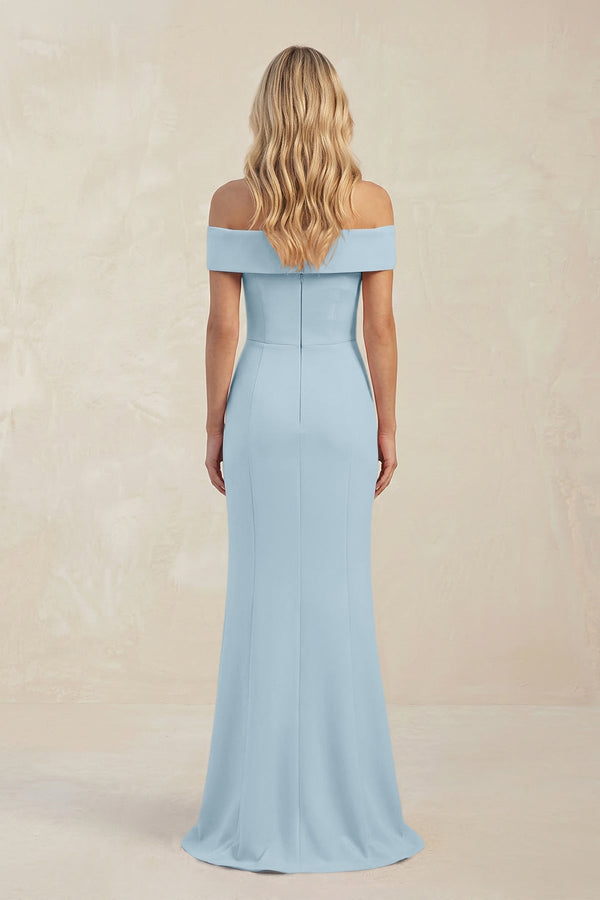 Sheath Off - the - Shoulder Satin Bridesmaid Dress With Slit in Bleached Aqua - KissProm Bridesmaid Dresses