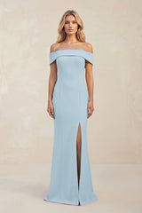 Sheath Off - the - Shoulder Satin Bridesmaid Dress With Slit in Bleached Aqua - KissProm Bridesmaid Dresses