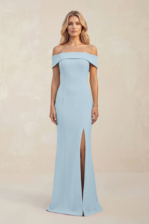 Sheath Off - the - Shoulder Satin Bridesmaid Dress With Slit in Bleached Aqua - KissProm Bridesmaid Dresses