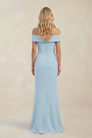 Sheath Off - the - Shoulder Satin Bridesmaid Dress With Slit in Bleached Aqua - KissProm Bridesmaid Dresses