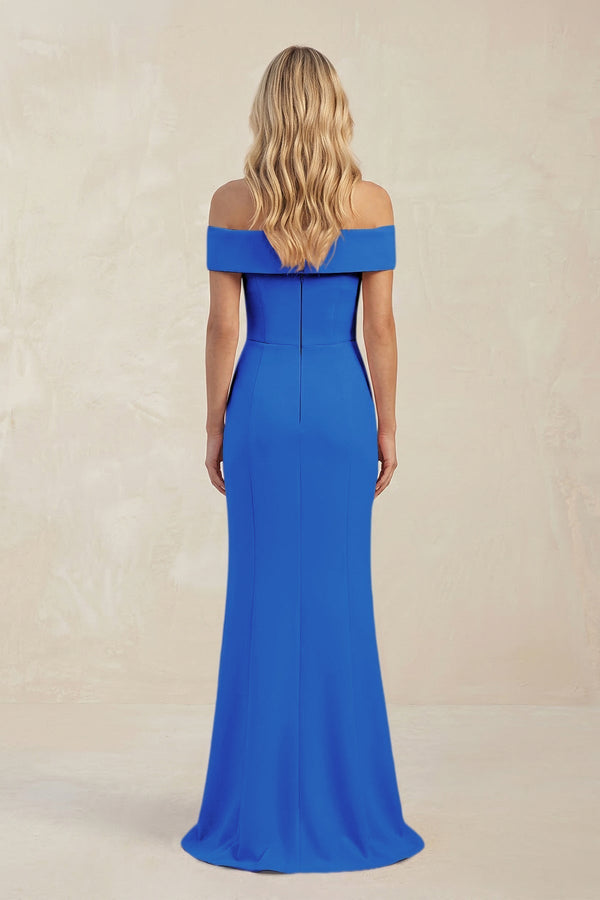 Sheath Off - the - Shoulder Satin Bridesmaid Dress With Slit in Blue Jay - KissProm Bridesmaid Dresses