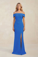 Sheath Off - the - Shoulder Satin Bridesmaid Dress With Slit in Blue Jay - KissProm Bridesmaid Dresses