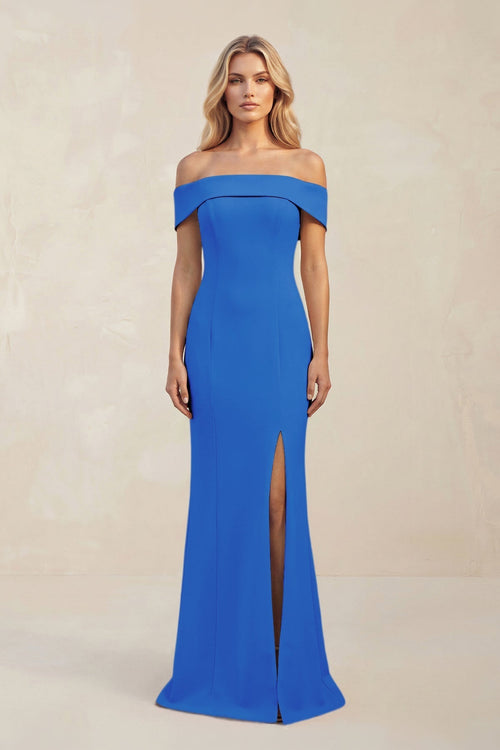 Sheath Off - the - Shoulder Satin Bridesmaid Dress With Slit in Blue Jay - KissProm Bridesmaid Dresses