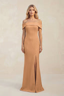Sheath Off - the - Shoulder Satin Bridesmaid Dress With Slit in Bronzer - KissProm Bridesmaid Dresses