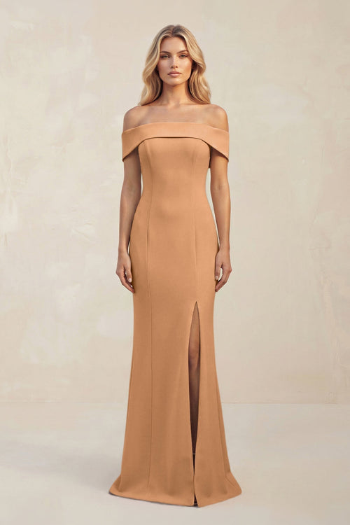 Sheath Off - the - Shoulder Satin Bridesmaid Dress With Slit in Bronzer - KissProm Bridesmaid Dresses