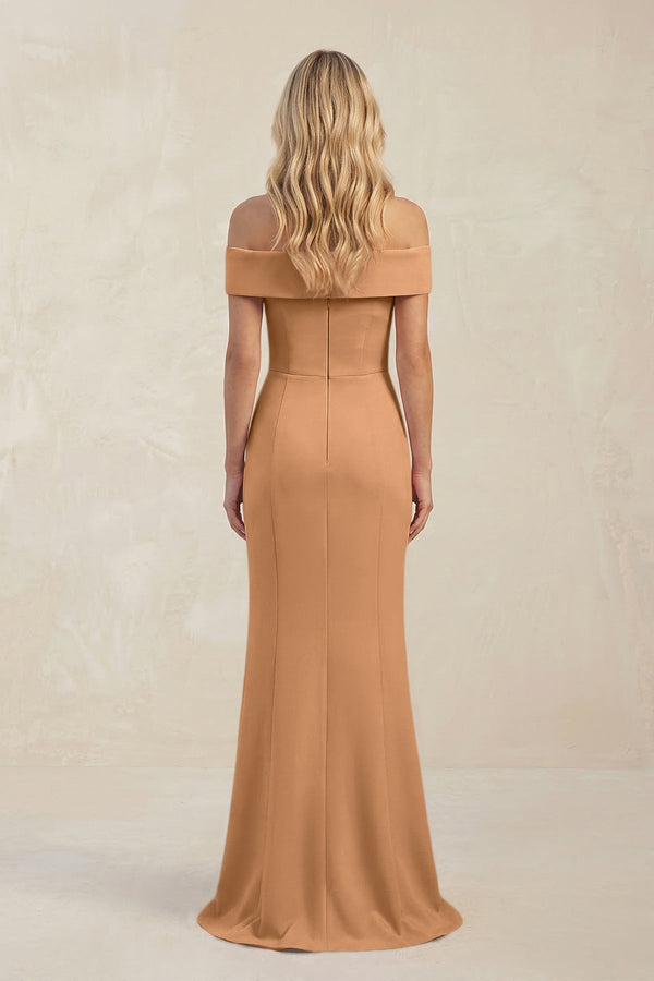 Sheath Off - the - Shoulder Satin Bridesmaid Dress With Slit in Bronzer - KissProm Bridesmaid Dresses