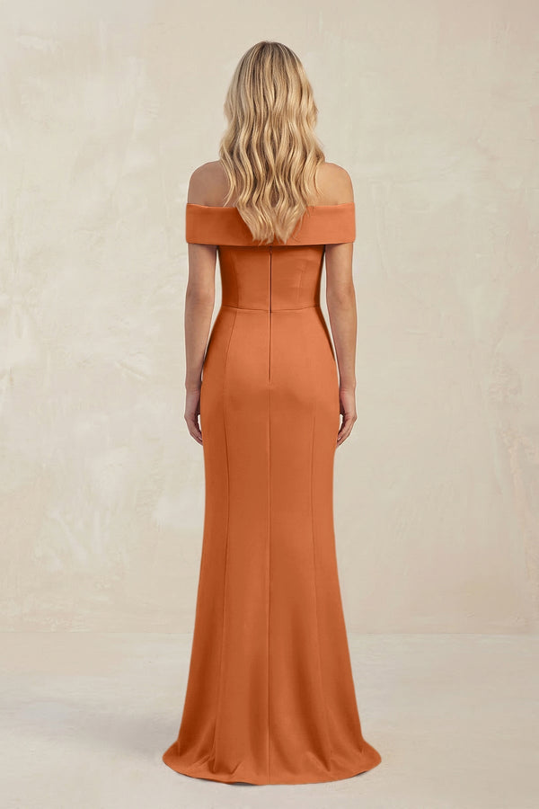 Sheath Off - the - Shoulder Satin Bridesmaid Dress With Slit in Brown - KissProm Bridesmaid Dresses