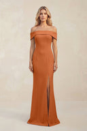 Sheath Off - the - Shoulder Satin Bridesmaid Dress With Slit in Brown - KissProm Bridesmaid Dresses