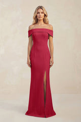 Sheath Off - the - Shoulder Satin Bridesmaid Dress With Slit in Burgundy - KissProm Bridesmaid Dresses
