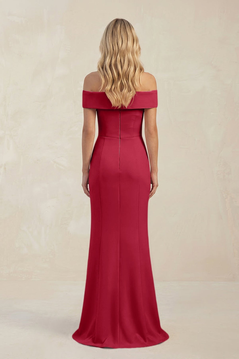 Sheath Off - the - Shoulder Satin Bridesmaid Dress With Slit in Burgundy - KissProm Bridesmaid Dresses