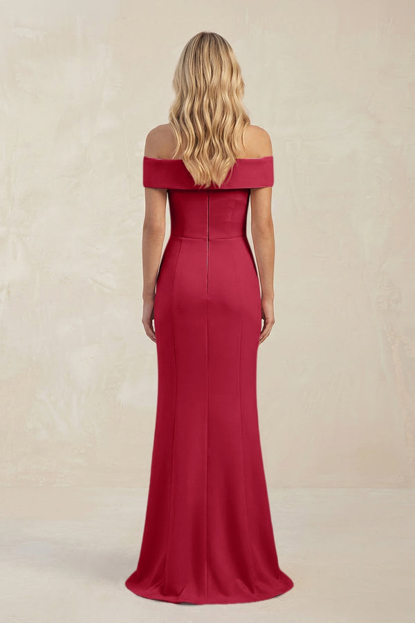 Sheath Off - the - Shoulder Satin Bridesmaid Dress With Slit in Burgundy - KissProm Bridesmaid Dresses