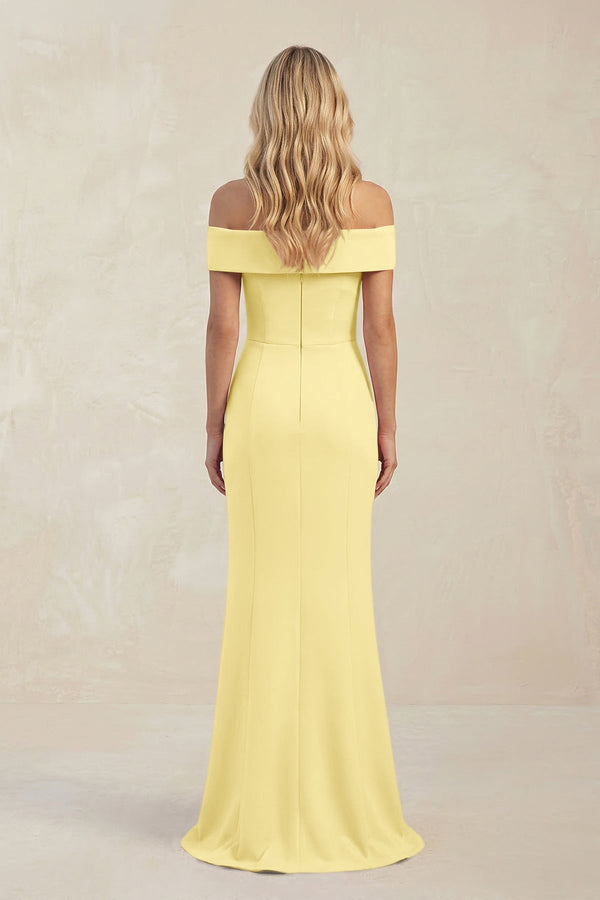 Sheath Off - the - Shoulder Satin Bridesmaid Dress With Slit in Buttercup - KissProm Bridesmaid Dresses