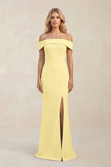 Sheath Off - the - Shoulder Satin Bridesmaid Dress With Slit in Buttercup - KissProm Bridesmaid Dresses
