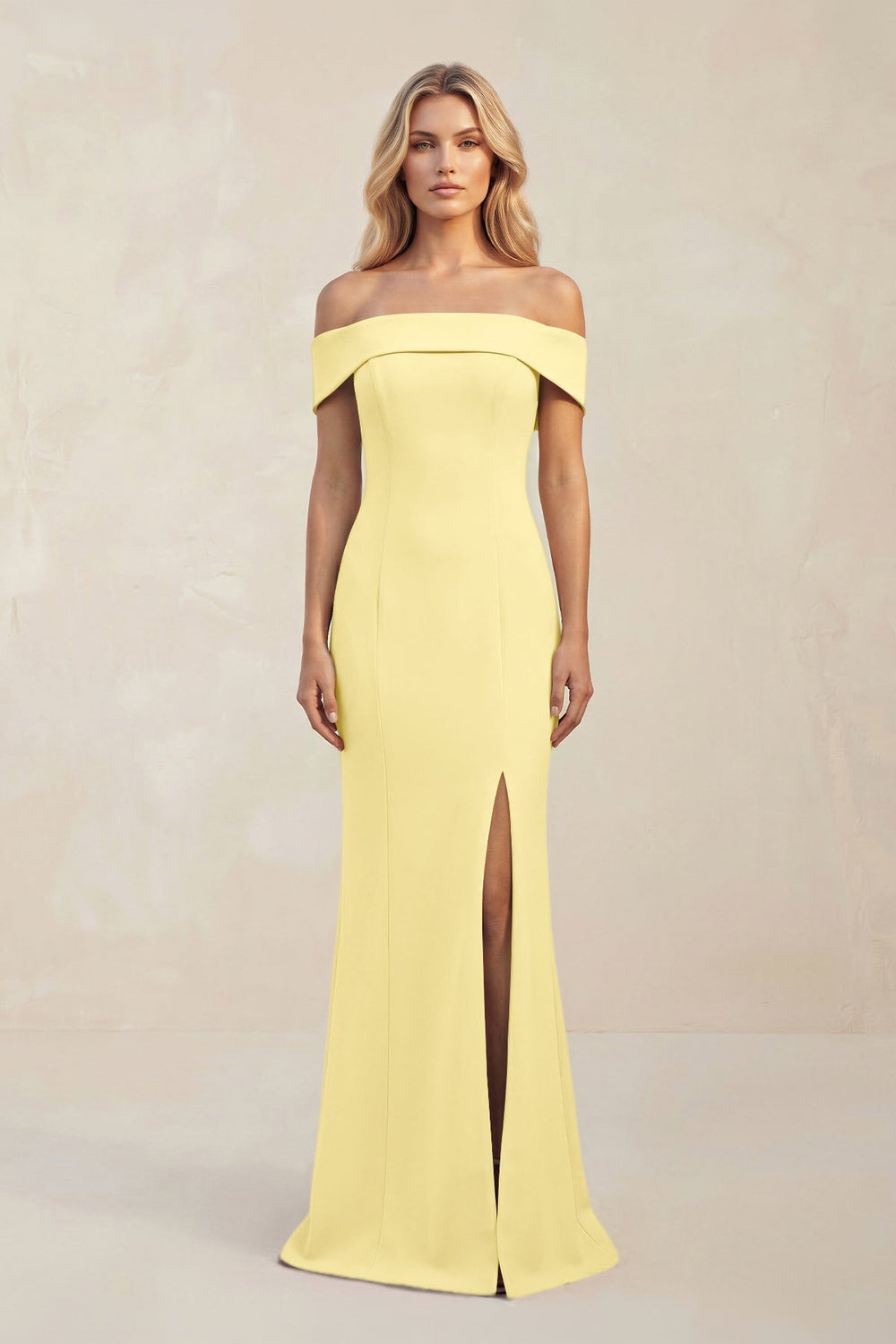Sheath Off - the - Shoulder Satin Bridesmaid Dress With Slit in Buttercup - KissProm Bridesmaid Dresses