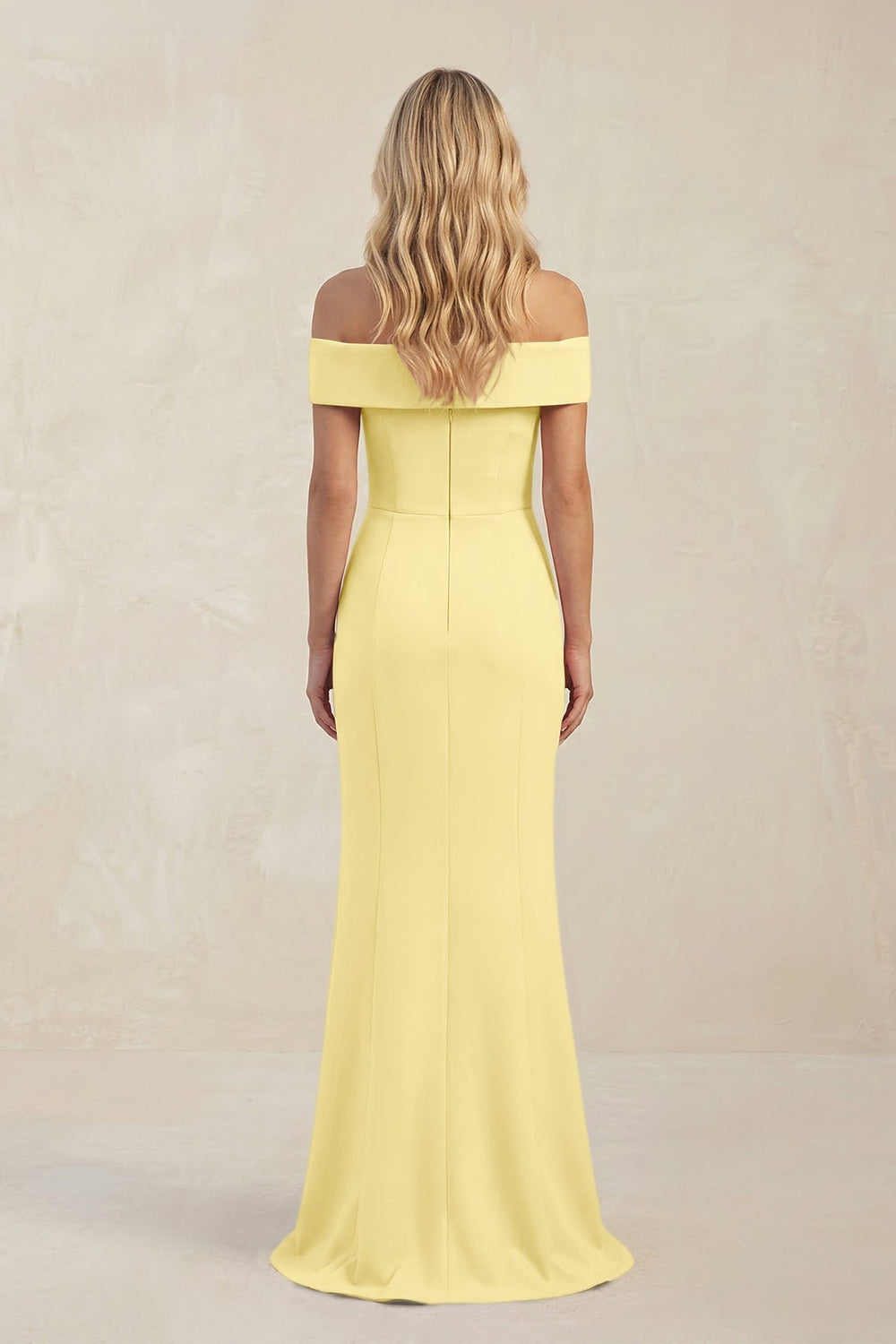 Sheath Off - the - Shoulder Satin Bridesmaid Dress With Slit in Buttercup - KissProm Bridesmaid Dresses