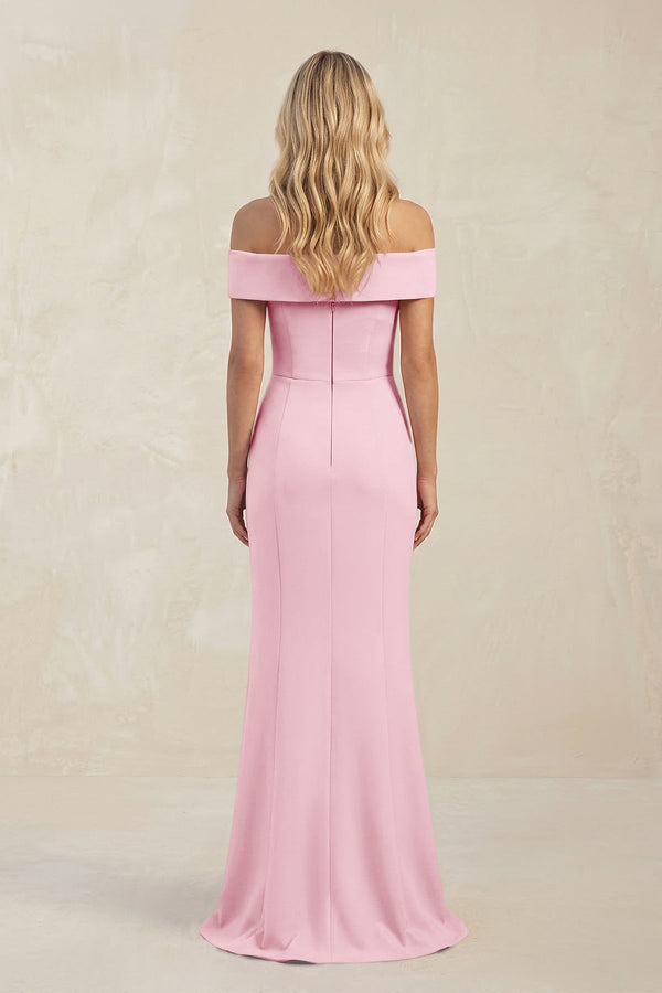 Sheath Off - the - Shoulder Satin Bridesmaid Dress With Slit in Candy Pink - KissProm Bridesmaid Dresses