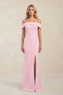 Sheath Off - the - Shoulder Satin Bridesmaid Dress With Slit in Candy Pink - KissProm Bridesmaid Dresses