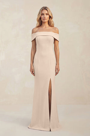 Sheath Off - the - Shoulder Satin Bridesmaid Dress With Slit in Champagne - KissProm Bridesmaid Dresses