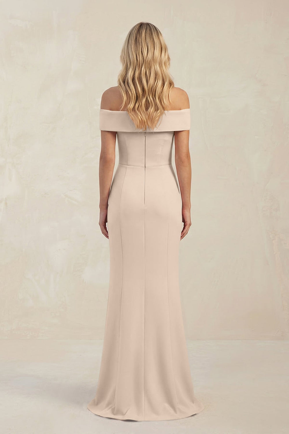 Sheath Off - the - Shoulder Satin Bridesmaid Dress With Slit in Champagne - KissProm Bridesmaid Dresses