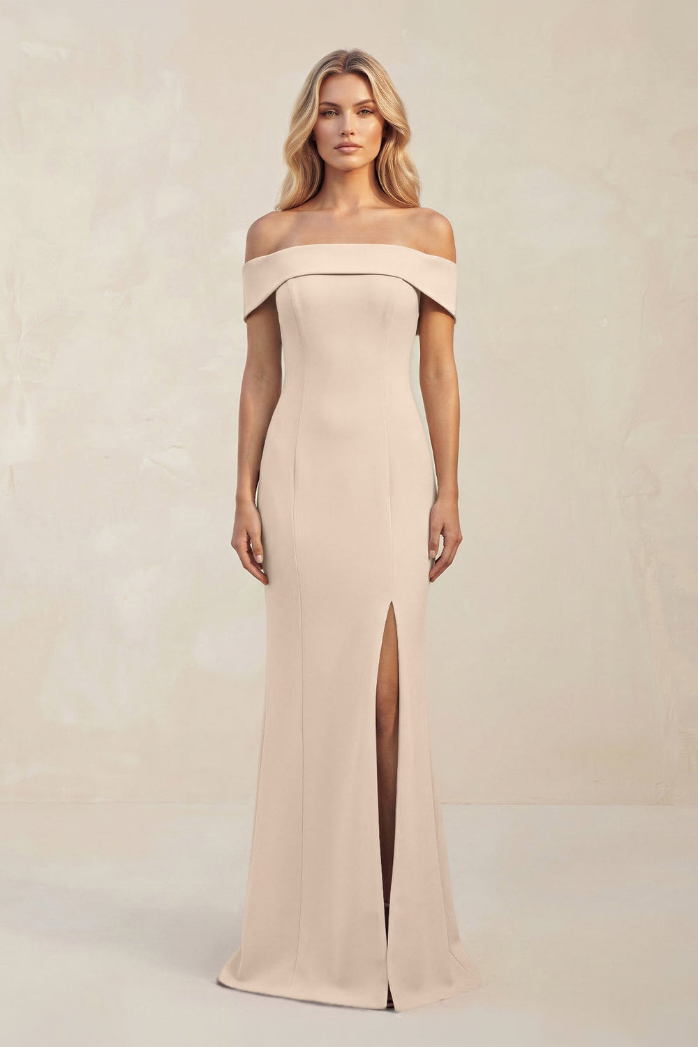 Sheath Off - the - Shoulder Satin Bridesmaid Dress With Slit in Champagne - KissProm Bridesmaid Dresses