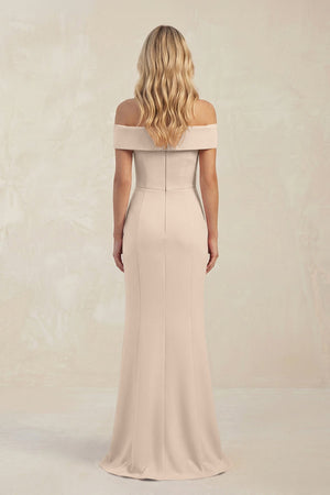 Sheath Off - the - Shoulder Satin Bridesmaid Dress With Slit in Champagne - KissProm Bridesmaid Dresses