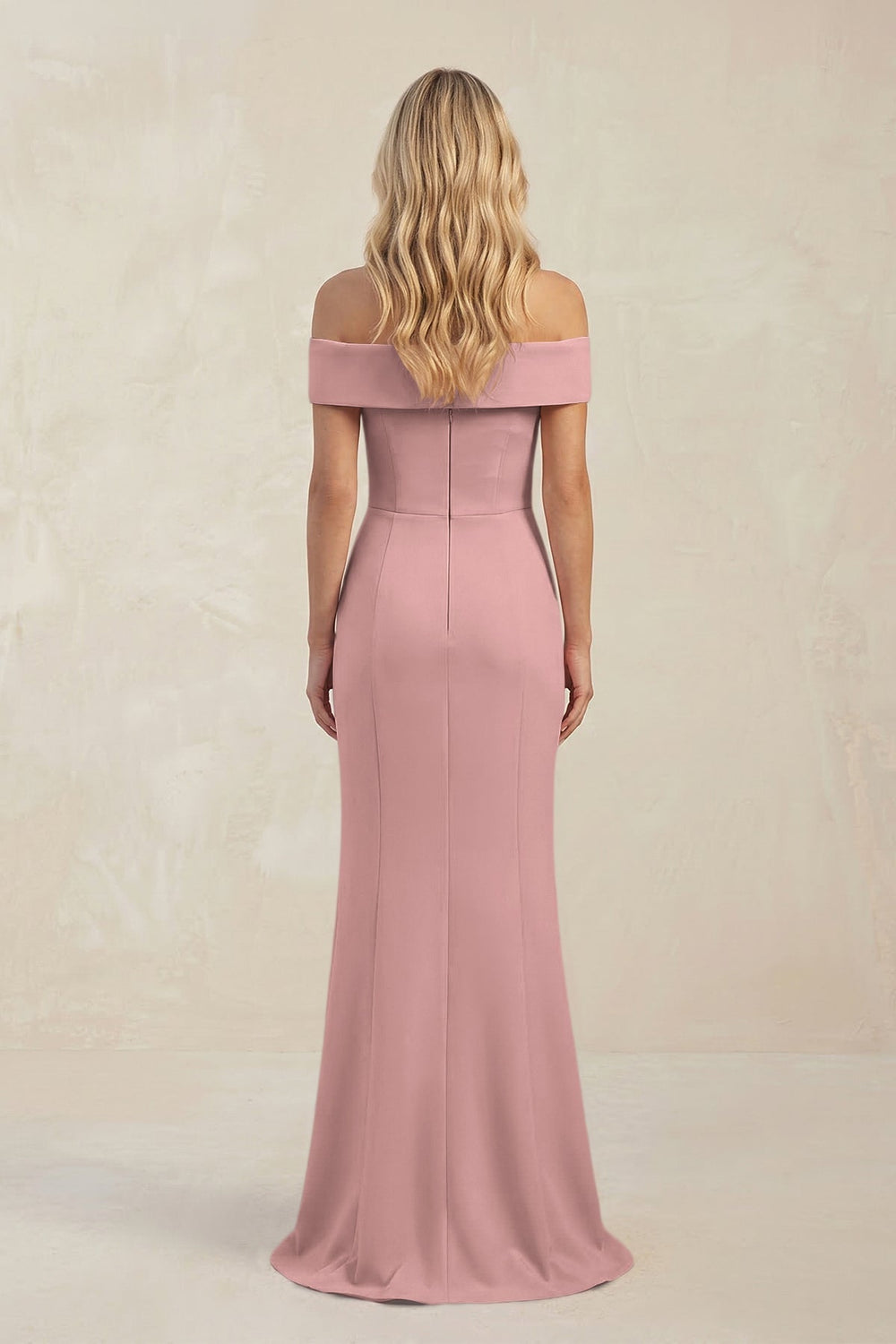 Sheath Off - the - Shoulder Satin Bridesmaid Dress With Slit in Champagne Rose - KissProm Bridesmaid Dresses