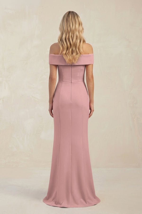 Sheath Off - the - Shoulder Satin Bridesmaid Dress With Slit in Champagne Rose - KissProm Bridesmaid Dresses