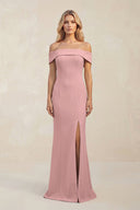 Sheath Off - the - Shoulder Satin Bridesmaid Dress With Slit in Champagne Rose - KissProm Bridesmaid Dresses