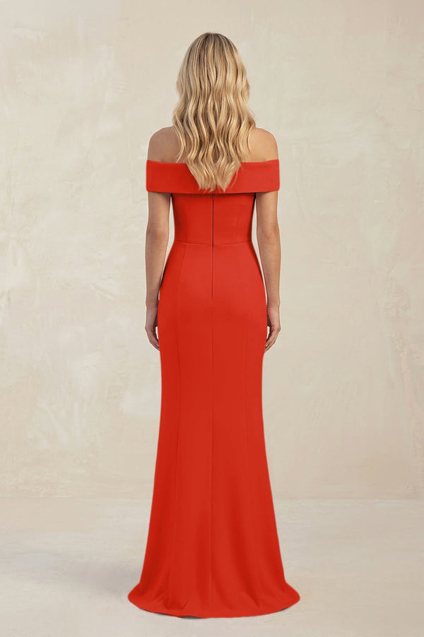 Sheath Off - the - Shoulder Satin Bridesmaid Dress With Slit in Cinnamon - KissProm Bridesmaid Dresses