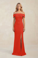 Sheath Off - the - Shoulder Satin Bridesmaid Dress With Slit in Cinnamon - KissProm Bridesmaid Dresses