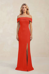 Sheath Off - the - Shoulder Satin Bridesmaid Dress With Slit in Cinnamon - KissProm Bridesmaid Dresses