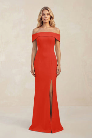Sheath Off - the - Shoulder Satin Bridesmaid Dress With Slit in Cinnamon - KissProm Bridesmaid Dresses