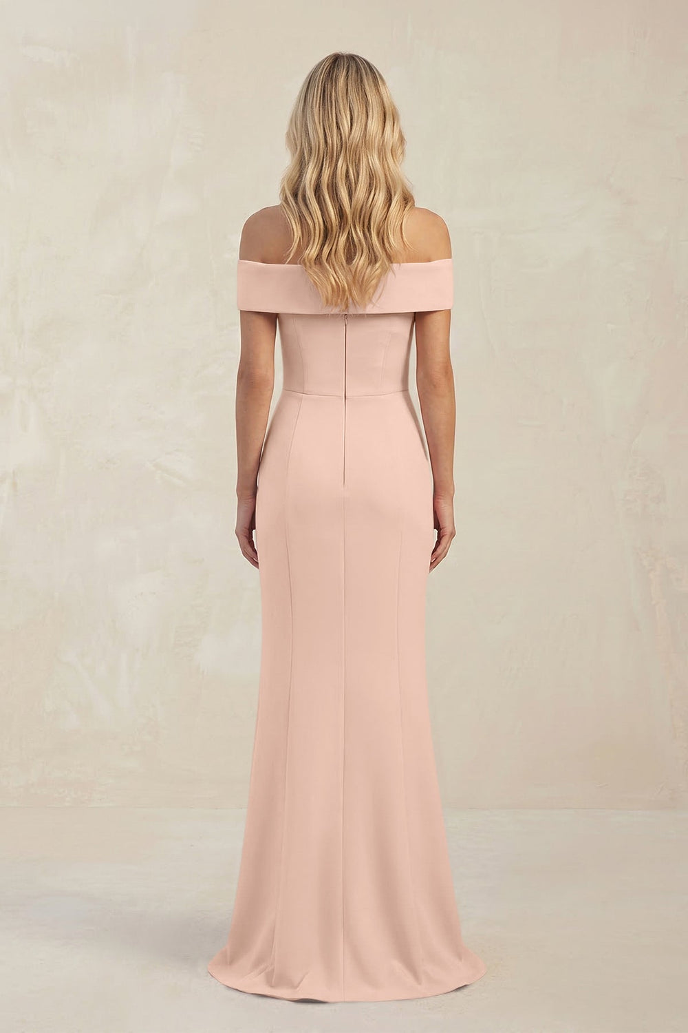 Sheath Off - the - Shoulder Satin Bridesmaid Dress With Slit in Coral Pink - KissProm Bridesmaid Dresses