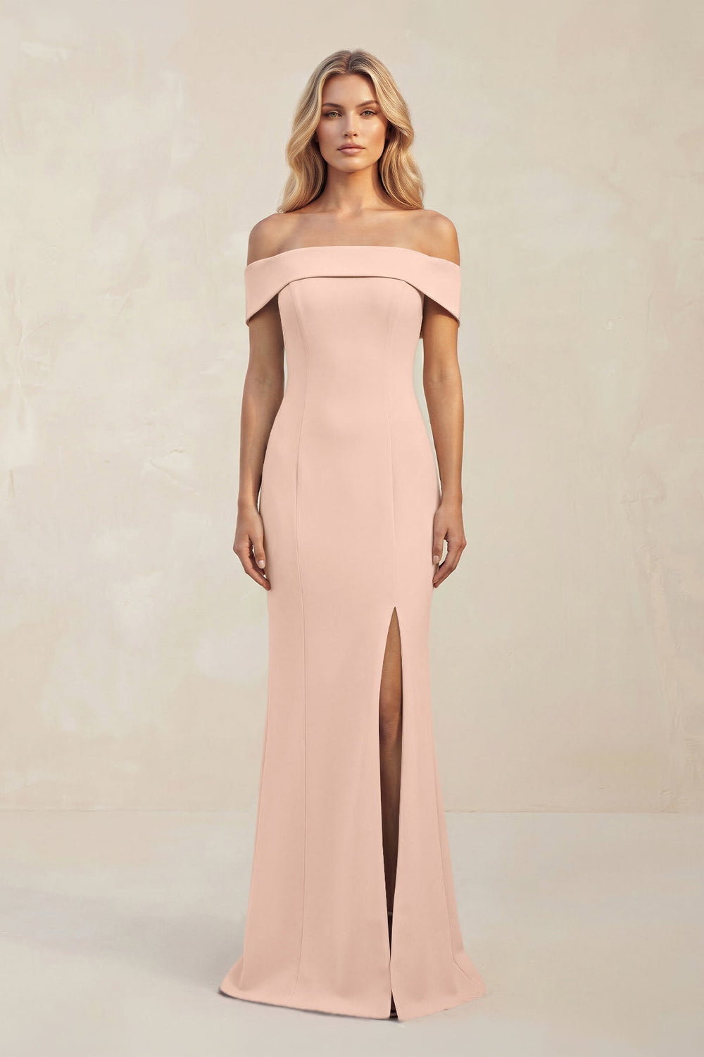 Sheath Off - the - Shoulder Satin Bridesmaid Dress With Slit in Coral Pink - KissProm Bridesmaid Dresses