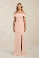 Sheath Off - the - Shoulder Satin Bridesmaid Dress With Slit in Coral Pink - KissProm Bridesmaid Dresses
