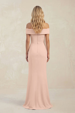 Sheath Off - the - Shoulder Satin Bridesmaid Dress With Slit in Coral Pink - KissProm Bridesmaid Dresses
