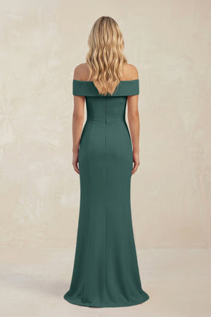 Sheath Off - the - Shoulder Satin Bridesmaid Dress With Slit in Dark Green - KissProm Bridesmaid Dresses