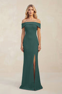 Sheath Off - the - Shoulder Satin Bridesmaid Dress With Slit in Dark Green - KissProm Bridesmaid Dresses