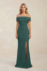 Sheath Off - the - Shoulder Satin Bridesmaid Dress With Slit in Dark Green - KissProm Bridesmaid Dresses