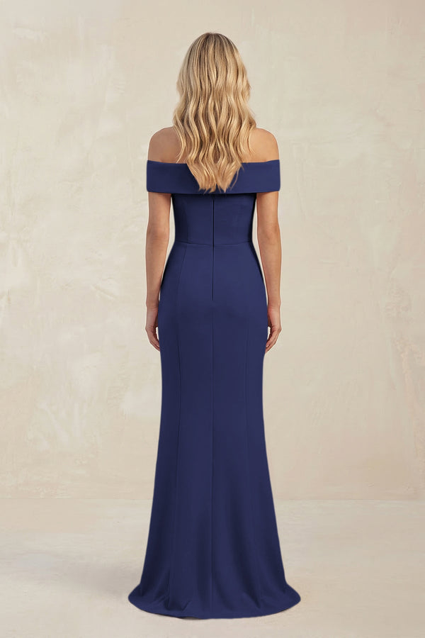Sheath Off - the - Shoulder Satin Bridesmaid Dress With Slit in Dark Navy - KissProm Bridesmaid Dresses