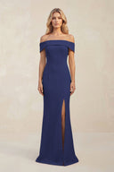 Sheath Off - the - Shoulder Satin Bridesmaid Dress With Slit in Dark Navy - KissProm Bridesmaid Dresses