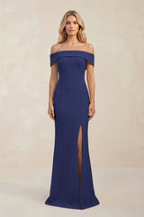 Sheath Off - the - Shoulder Satin Bridesmaid Dress With Slit in Dark Navy - KissProm Bridesmaid Dresses