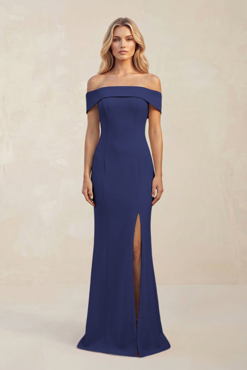 Sheath Off - the - Shoulder Satin Bridesmaid Dress With Slit in Dark Navy - KissProm Bridesmaid Dresses