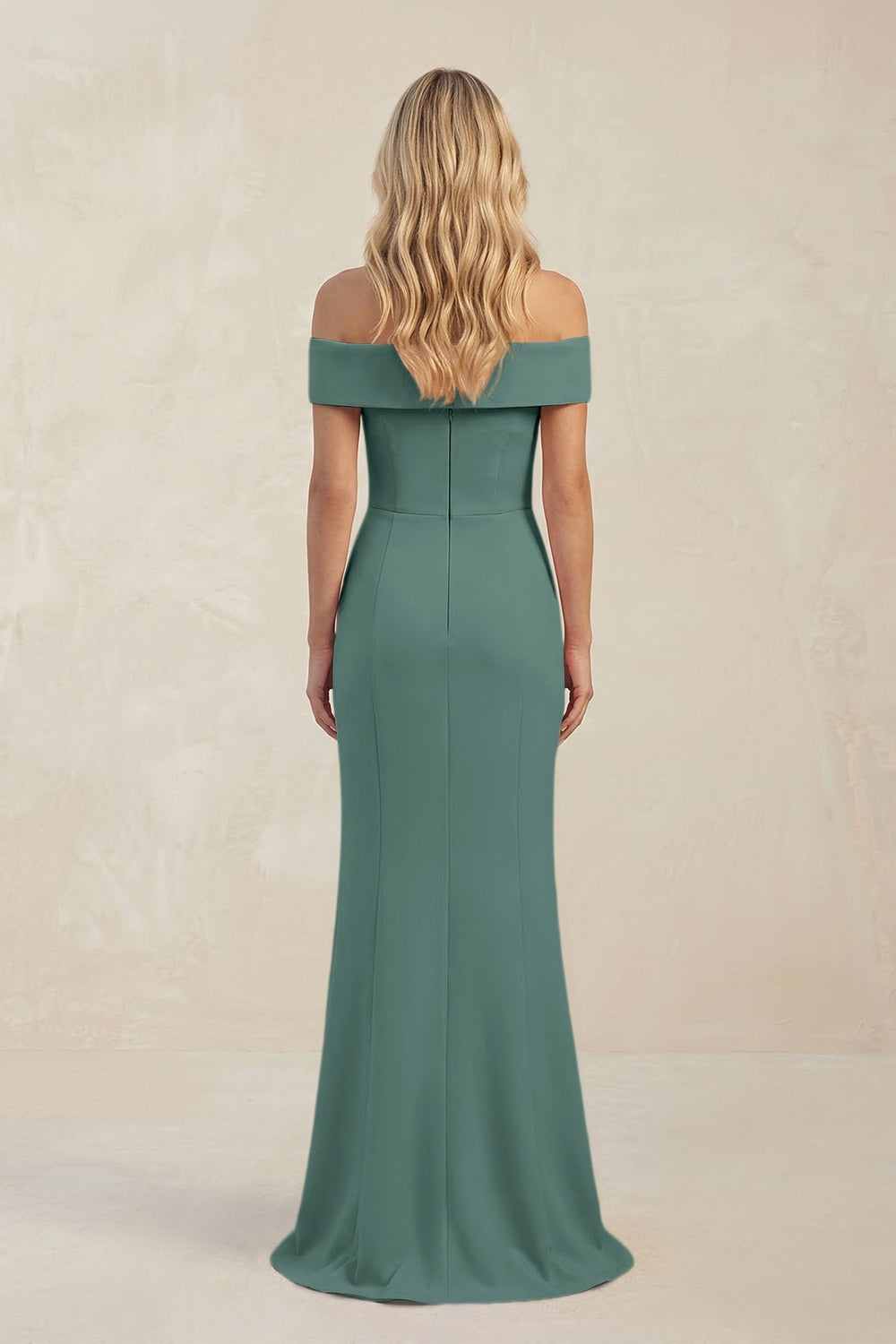 Sheath Off - the - Shoulder Satin Bridesmaid Dress With Slit in Dark Teal - KissProm Bridesmaid Dresses